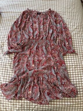Talbots Burgundy Paisley 3/4 Length Sleeve Shirred-Waist Dress